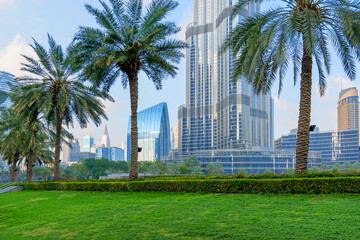 Dubai downtown district with view of the Burj Khalifa and the Dubai skyline