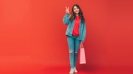 full length Image of happy young woman standing isolated over red background holding shopping bags. Looking camera showing peace gesture full body on Cyan color background professional photography