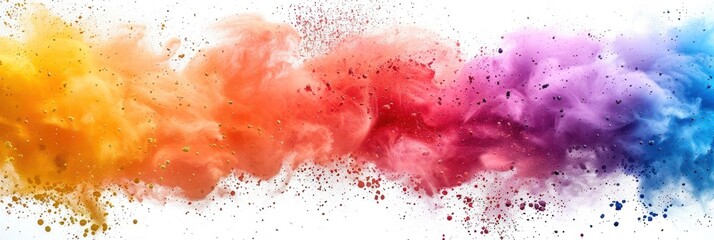 Rainbow colored powder cloud against a white backdrop - obrazy, fototapety, plakaty