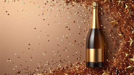 A bottle of champagne is surrounded by twinkling gold stars