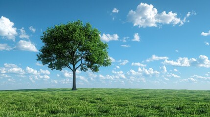 Fototapeta na wymiar A single tree stands tall in a lush green field under a clear blue sky