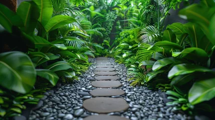 Gardinen Stone pathway winding through lush greenery © Viktor