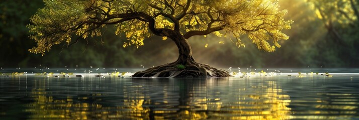 A tree trunk submerged in water, creating a unique visual contrast - Powered by Adobe