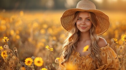 A woman with a hat standing amidst sunflowers in a field