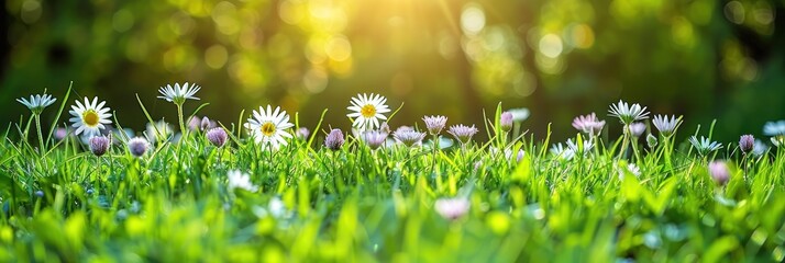 Numerous flowers scattered across green grass in a natural setting - obrazy, fototapety, plakaty