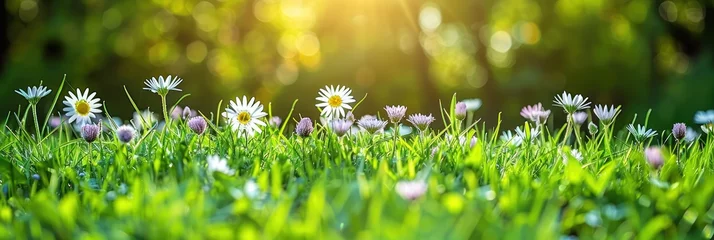 Fotobehang Numerous flowers scattered across green grass in a natural setting © Viktor
