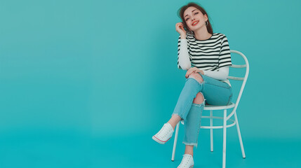 full length Nice-looking attractive glamorous magnificent lovely shine cheerful cheery girl wearing striped shirt jeans sitting on chair having free time isolated full body on Cyan color background.