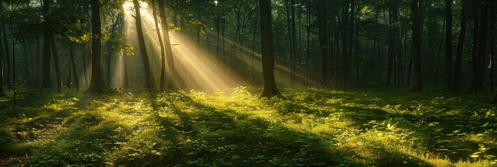 Sunlight filters through dense forest trees