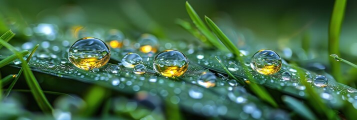 Close up view of wet grass covered in dew drops