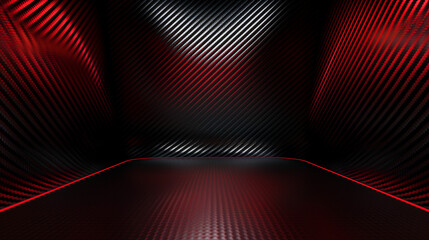 interior studio setting characterized by sleek carbon fiber texture in red and black hues, illuminated with soft light. This modern backdrop offers an ideal environment for product placement - obrazy, fototapety, plakaty