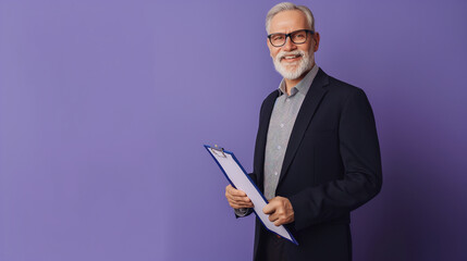 Full length portrait Confident mature caucasian businessman holding clipboard on purple color background professional photography.