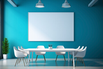 A modern blue meeting room with a blank white empty frame.
