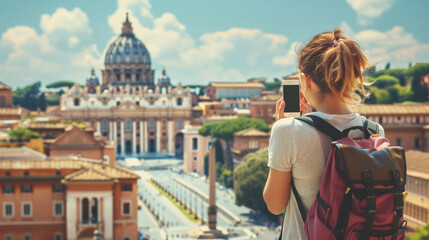 A woman stands on a rooftop, capturing the cityscape with her camera, the bustling city below her a vibrant tapestry of lights and movement, city trip Rome