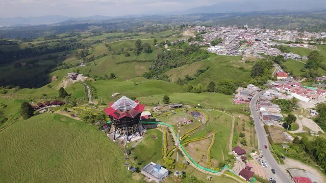 Mirador Colina Iluminada overlooks Filandia town, Colombia - aerial view