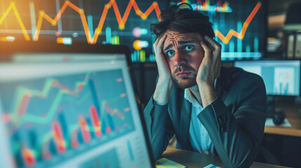 A man sitting in front of a laptop computer, deeply focused on the screen as he types and clicks away on the keyboard, depressed stock market trader - obrazy, fototapety, plakaty