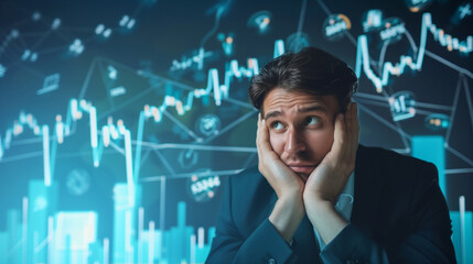A man stands before a stock chart, hand on face in deep thought, depressed stock market trader