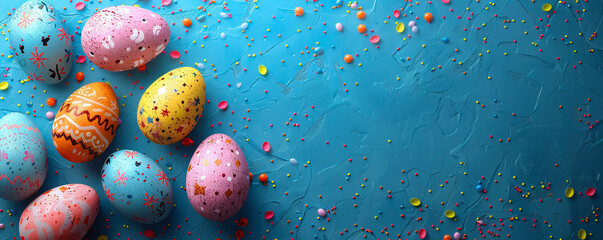 Easter eggs top view blue background. Flat lay of colorful Easter eggs with copy space for text. Easter concept