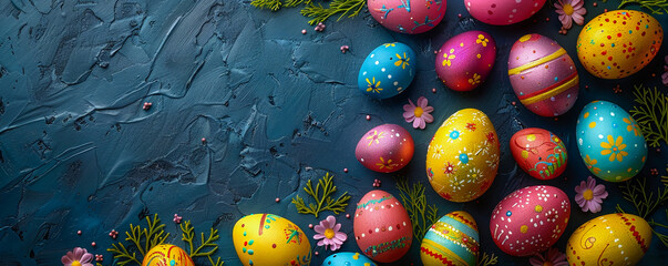 Easter eggs top view blue background. Flat lay of colorful Easter eggs with copy space for text. Easter concept