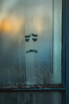 A sad face drawn on fogged-up window, misty glass, soft filtered light, photography --ar 2:3 Job ID: 4f451774-71be-43bd-a360-93154ba569b6