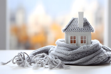 model of a private residential building with a warm scarf on the table. the concept of warmth and comfort in the home. construction and architecture