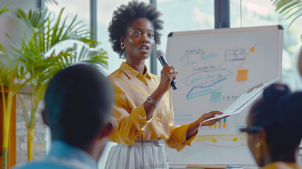 A woman standing confidently, using gestures to explain a presentation to a diverse group of people in a bright, spacious room, Young African American female coach or speaker make flip chart presentat - obrazy, fototapety, plakaty