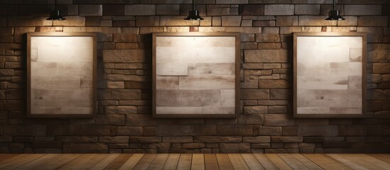 Three empty frames of different sizes hanging on a rustic brick wall illuminated by warm lights