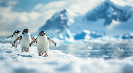 Penguins on Antarctic Peninsula in Antarctica - obrazy, fototapety, plakaty