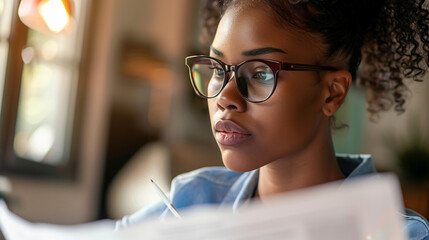 A thoughtful woman with glasses examines a paper, deeply engrossed in its contents - obrazy, fototapety, plakaty