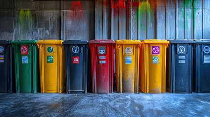 Aligned Recycling Bins: A Sustainable Solution - obrazy, fototapety, plakaty