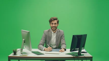 Full length portrait Portrait of a happy young businessman working at his office desk on green background professional photography.