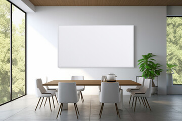 A modern and sleek meeting space with minimalist features. The blank white empty frame mounted on the wall invites creative customization.