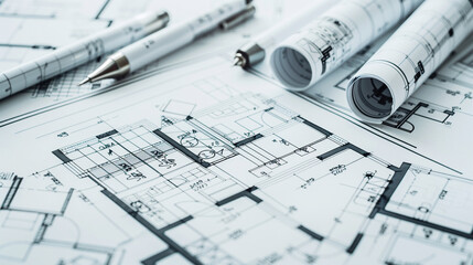 Architectural Blueprint and Design Sketches on White Background