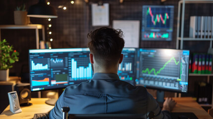 A man engrossed in work, sitting at a desk with multiple computer monitors, analyzing data and making decisions in a high-tech environment