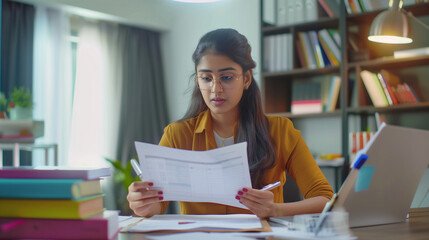 A Indian woman sits at a desk surrounded by papers, deep in thought and concentration as she works on a project