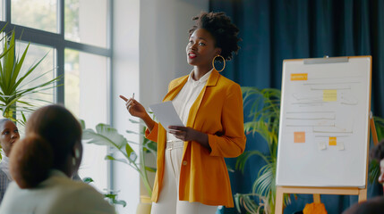A confident black woman stands in front of a diverse group of people, who are all listening intently to her at a modern boarding room