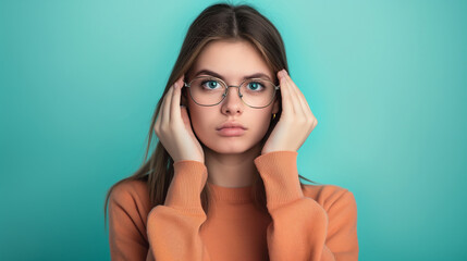 Full length portrait Portrait of young confused female student with glasses on eyes on teal color background professional photography.