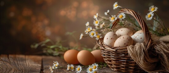 Easter card concept with eggs in a basket on a rustic brown background.