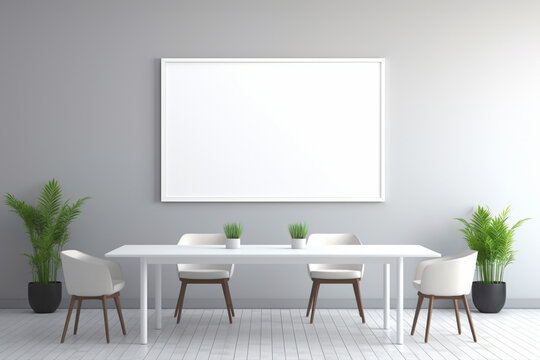 A modern and professional meeting area with a minimalist design. The blank white empty frame on the wall allows for versatile customization.