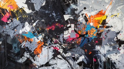 A largescale street art piece showcasing a blend of chaotic splatters blurred lines and fragmented shapes in a striking monochromatic color palette.