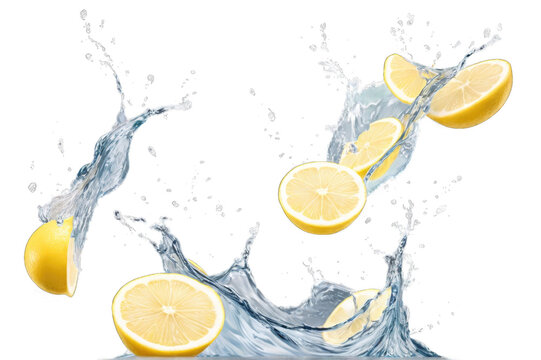 Flying lemon slices with water splash, png file of isolated cutout object on transparent background.