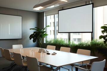 A modern and inviting meeting room showcasing minimalist yet sophisticated furnishings. The empty white frame on the wall provides a versatile display area.