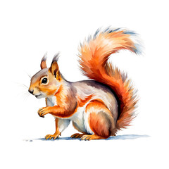 Watercolor illustration of squirrel, side view, cute, adorable, brown red squirrel, pet, garden, furry, for scrapbook, journal, presentation, clipart, cutout on white background