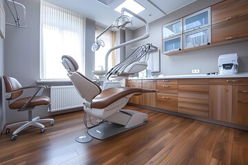A modern dental clinic room with a comfortable patient chair and professional equipment.