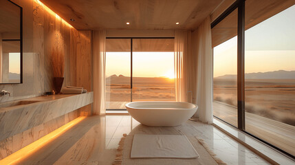 Modern Bathroom Interior with Desert View at Sunset