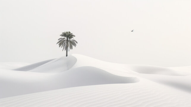 Minimalistic desert landscape. Sand, palm tree and bird. 