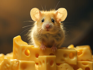 Fototapeta premium The hamster mouse gnaws and eats cheese. rodents and pests. fauna and biology