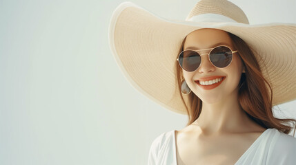 full length portrait smiling beautiful women blogger wear a wide hat and wear sunglasses on white background professional photography