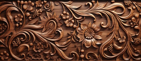 A detailed carving on wood showcasing intricate patterns of flowers and vines