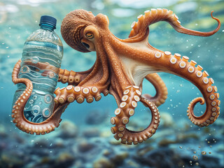 baby octopus in the sea / ocean with a plastic bottle  waste, water pollution, ecological issue 