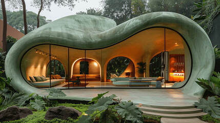 Modern Organic Architecture with Green Curvilinear Structure in a Lush Garden
